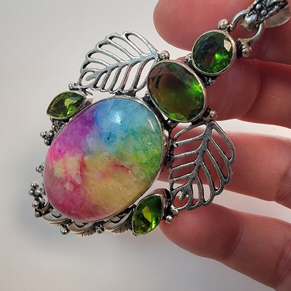 Handmade Rainbow Fluorite and Peridot Pendant with Sterling Silver Floral Design - Picture 9 of 10